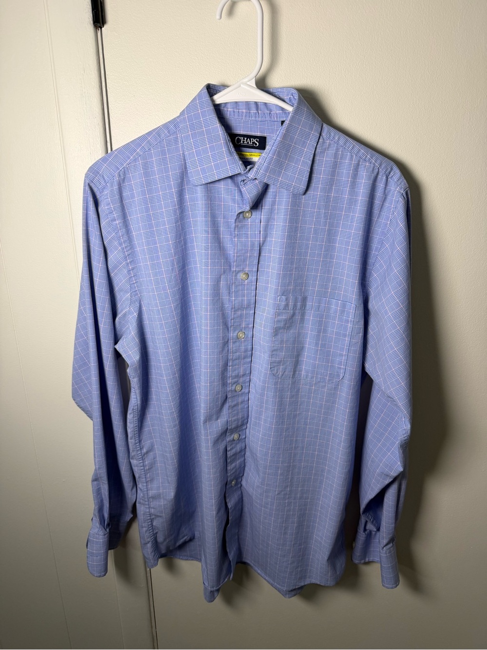 Chaps Men’s Dress Shirt | Light Blue Plaid Comfort Stretch | 15.5 34/35 | GUC
